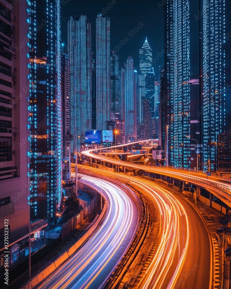 Fototapeta premium Futuristic cityscape featuring blurred traffic trails and matrix styled buildings