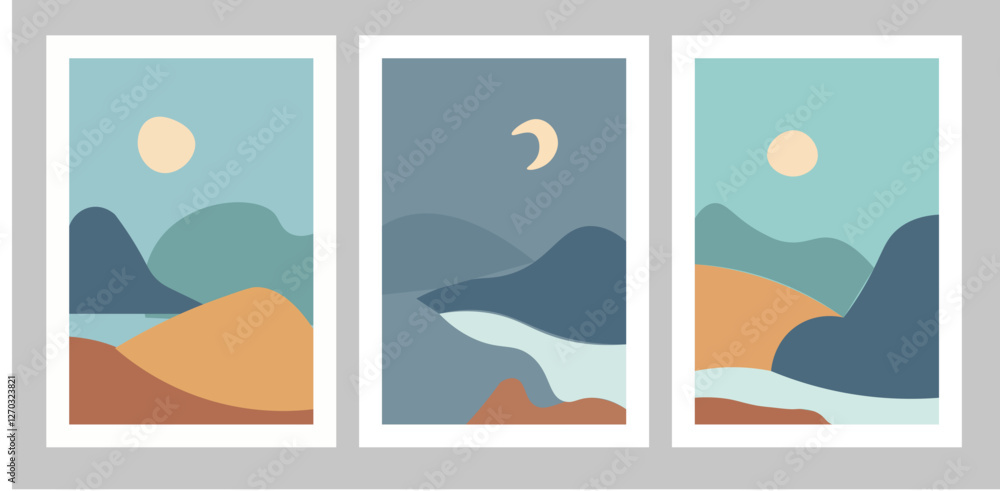 Naklejka premium Set of abstract colorful landscape poster collection with sun, moon, star, sea, mountains, river, plant. Vector flat illustration. Contemporary art print templates, backgrounds for social media