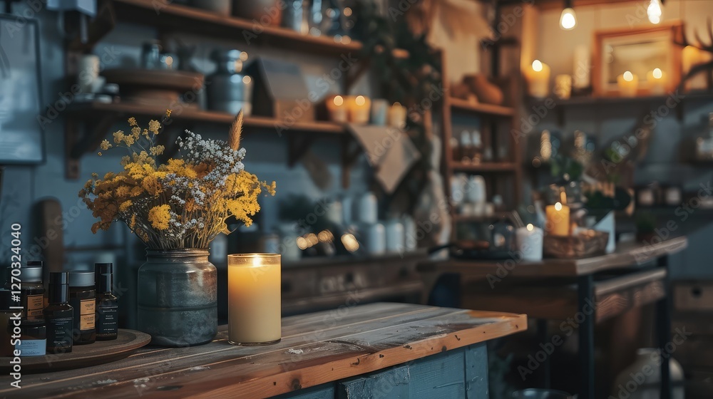 Warm and Cozy Candle Shop with Rustic Decor Warm and Cozy Candle Shop with Rustic Decor