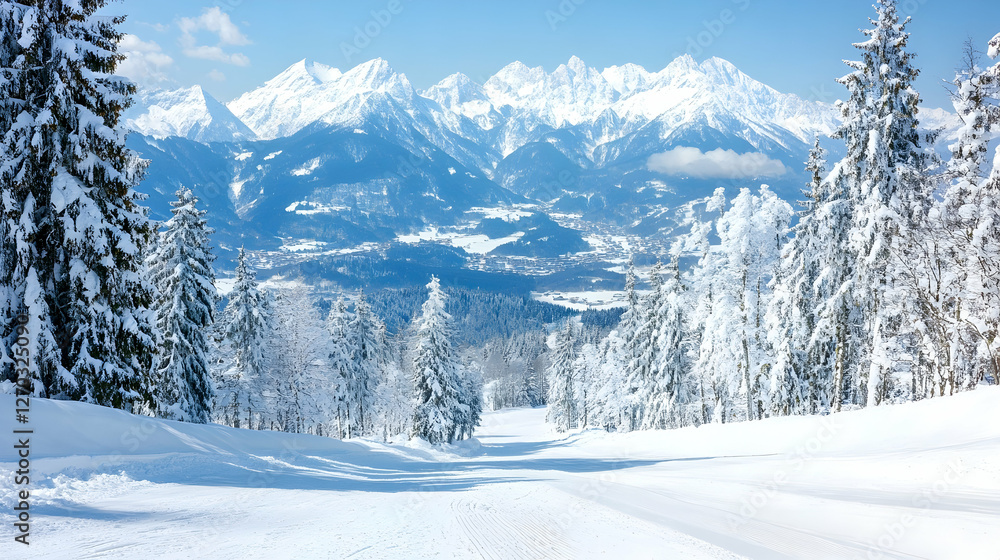 Fototapeta premium Snowy Mountain Landscape with Trees and Blue Sky in Winter