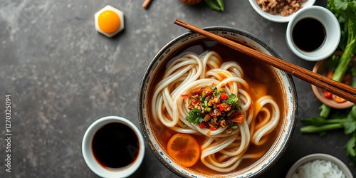 Wallpaper Mural Top view of a Chinese food set featuring Chinese noodles and udon, presented in an Asian style concept, cuisine, broth, dinner Torontodigital.ca