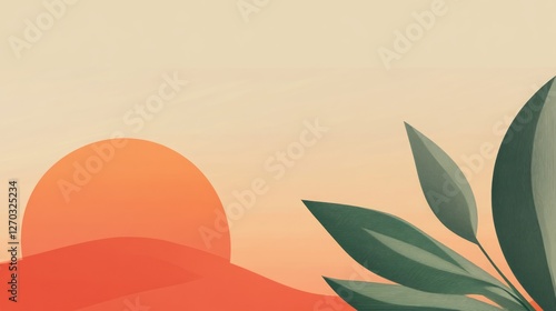 Serene Sunset Landscape with Lush Leaves: A Minimalist Abstract Design for Home Decor