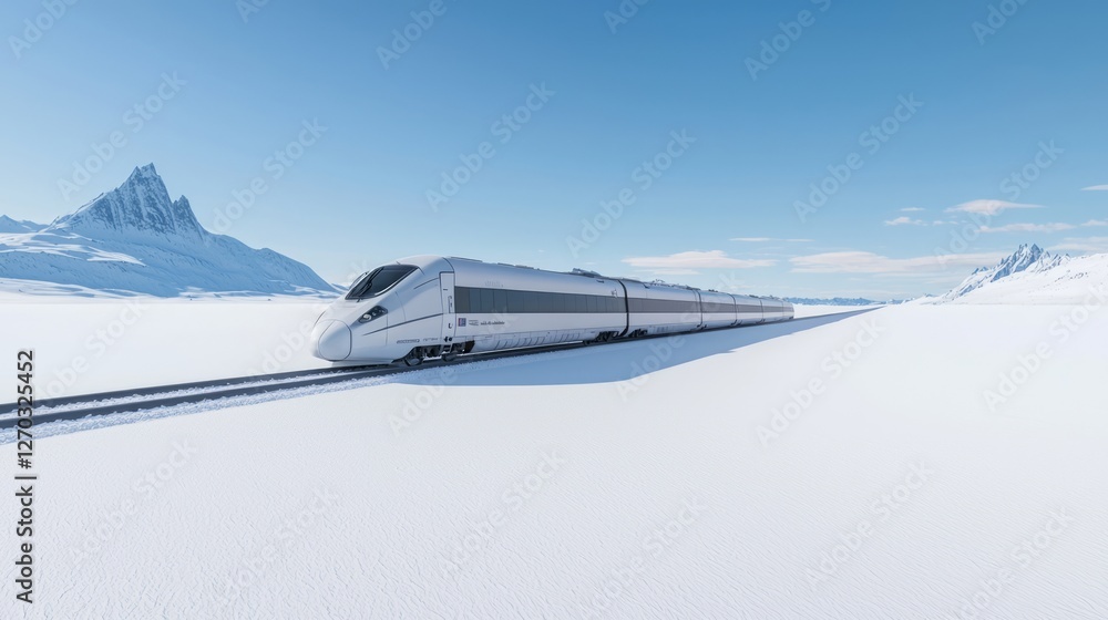 Fototapeta premium Train Traveling Across Snowy Landscape with Mountain View
