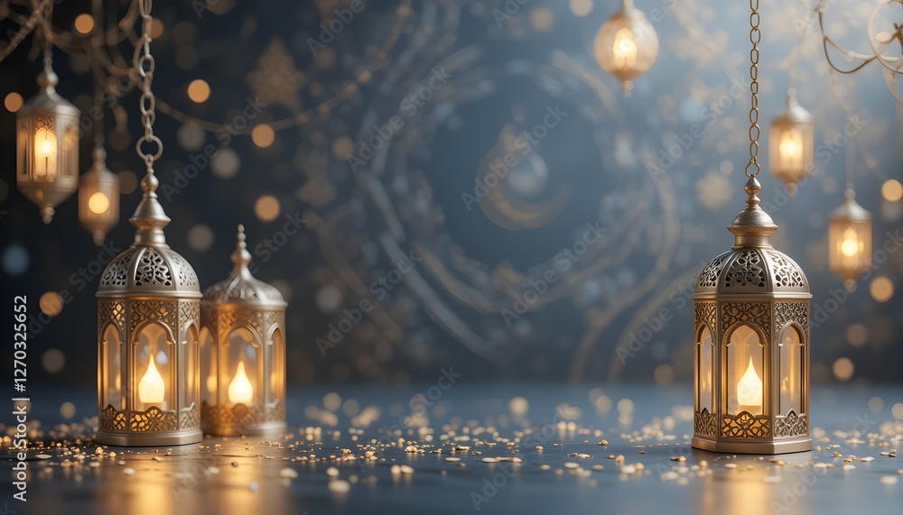 Obraz premium An elegant Ramadan decorative background with delicate beautiful lanterns