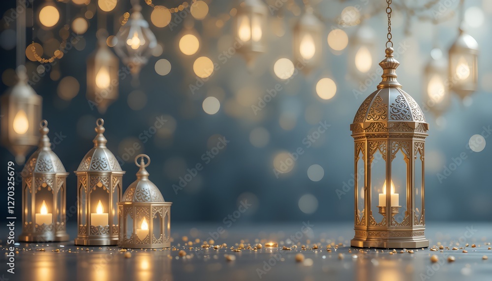 Obraz premium An elegant Ramadan decorative background with delicate beautiful lanterns