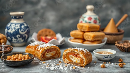 Traditional Chinese dessert caramel treats, also known as sachima, displayed beautifully on a wooden table with a rustic background, Asia, snack, pastry photo