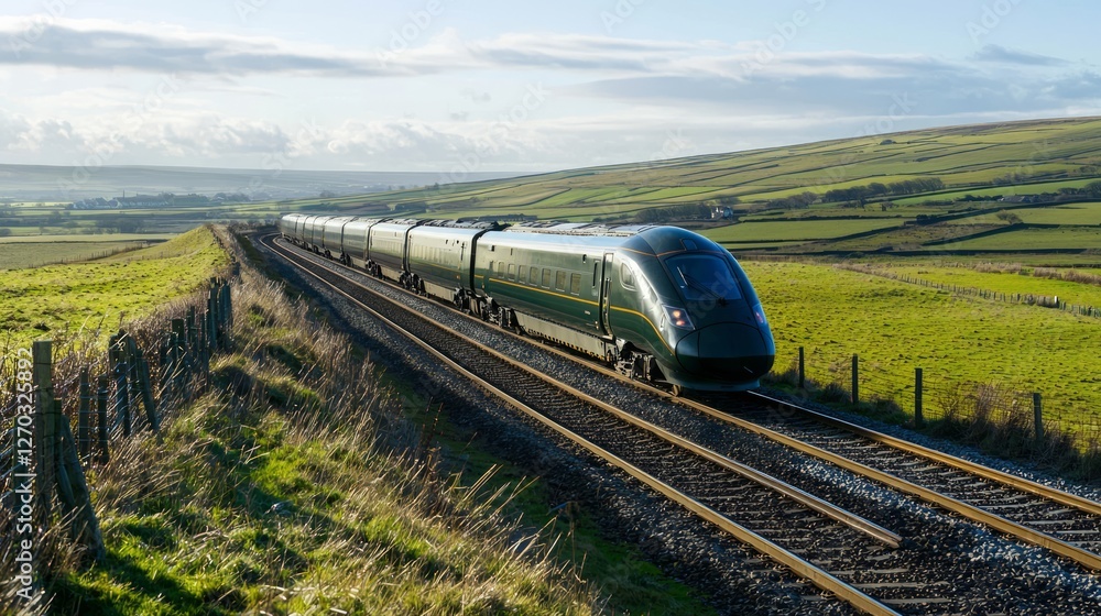 Fototapeta premium High-Speed Train Racing Across Scenic Countryside Landscape