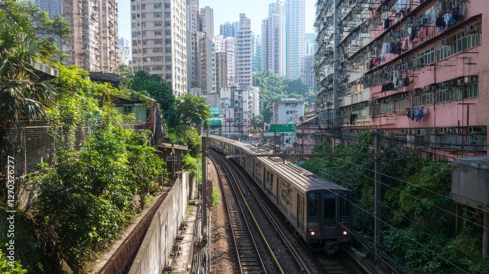 Obraz premium Commuter Train Passing Through Cityscape Surrounded by Skyscrapers