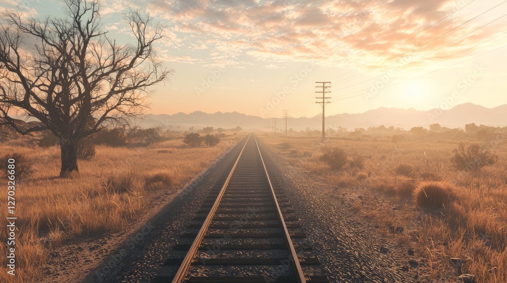 Obraz premium Scenic Rural Train Ride Along the Tracks in Golden Sunset Light