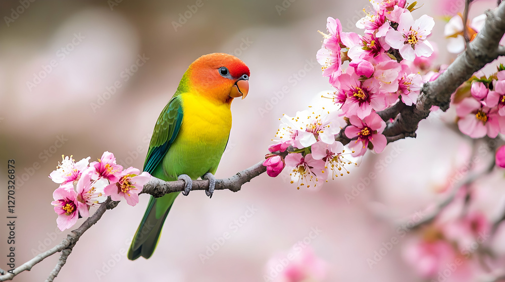 Vibrant Parrot Perched on Branch with Blooming Cherry Blossoms Vibrant Parrot Perched on Branch with Blooming Cherry Blossoms