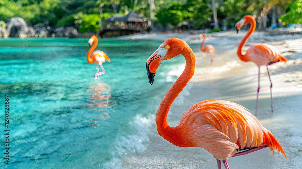 Fototapeta premium Vibrant Flamingos Walking Along Tropical Beach with Clear Water