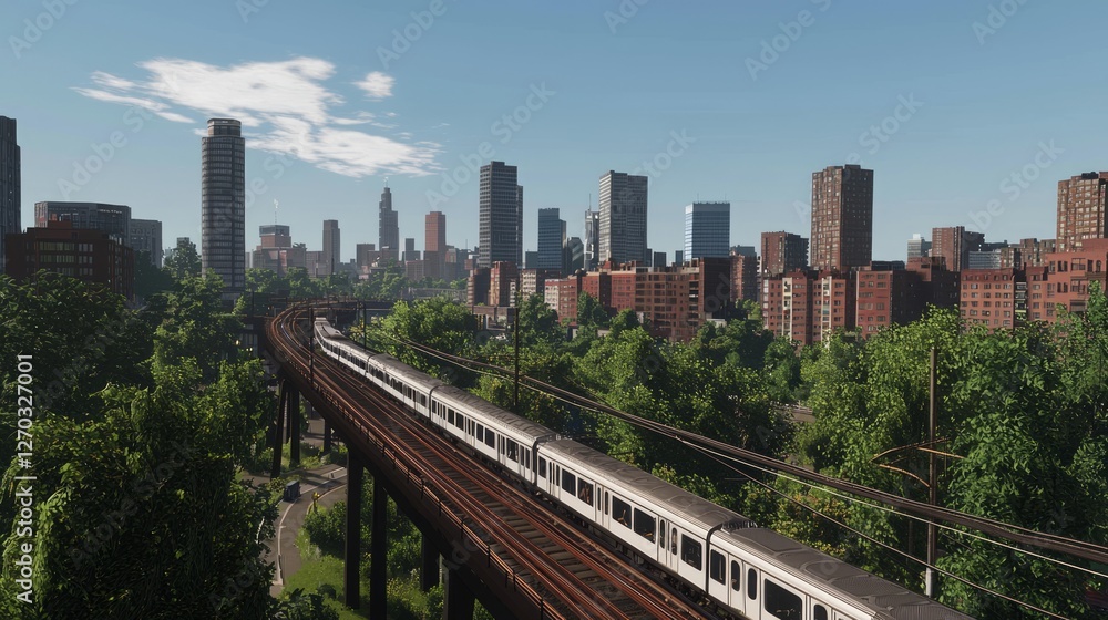 Commuter Train Passing Through Urban Landscape Under Clear Sky Commuter Train Passing Through Urban Landscape Under Clear Sky