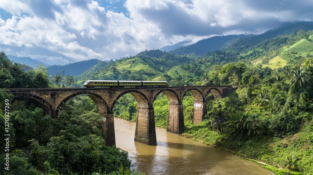 Scenic Historic Train Crossing Over Stone Bridge in Lush Green Landscape Scenic Historic Train Crossing Over Stone Bridge in Lush Green Landscape