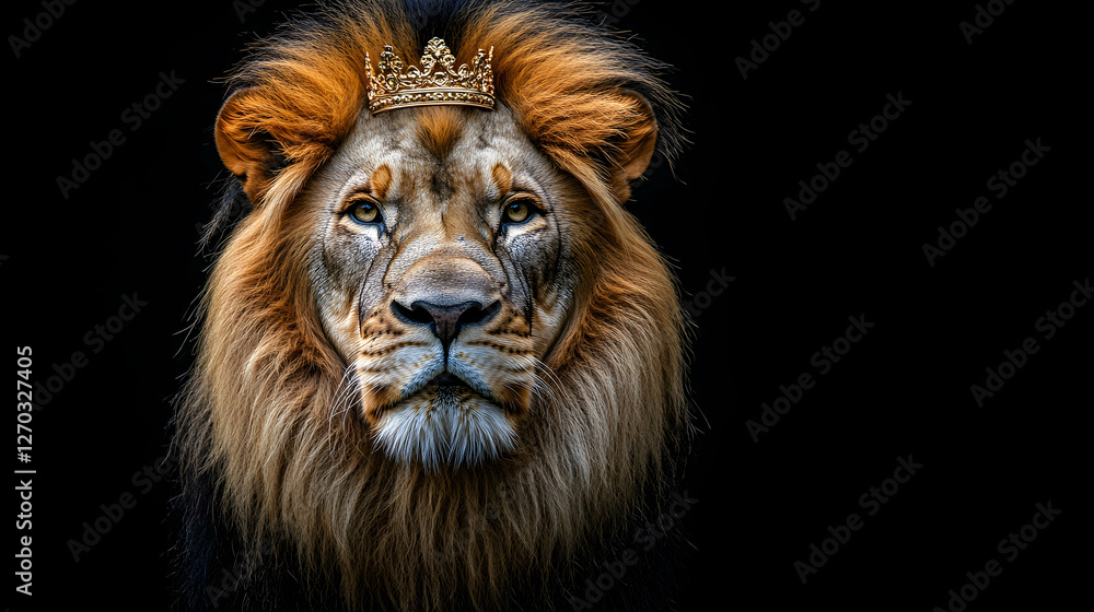 Fototapeta premium Majestic Lion Wearing Crown Surrounded by Dark Background