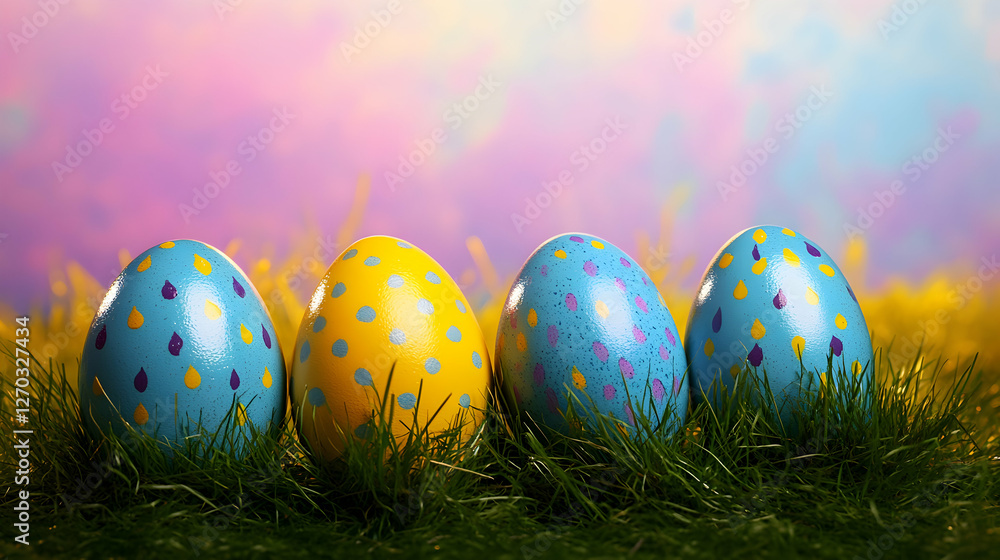 Colorful Easter Eggs Displayed on Grass with Pastel Background Colorful Easter Eggs Displayed on Grass with Pastel Background