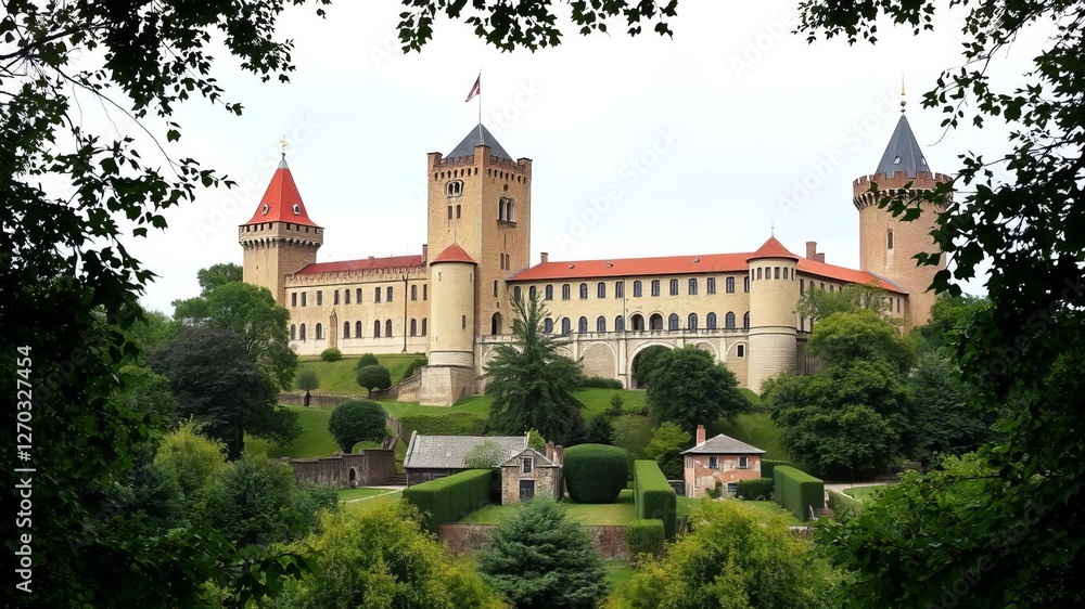 View of the majestic Sforza Castle in Milan, featuring a towering structure framed by lush greenery, medieval, castle, landmark View of the majestic Sforza Castle in Milan, featuring a towering structure framed by lush greenery, medieval, castle, landmark