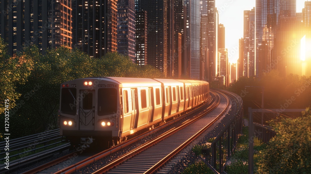 Urban Commuter Train Speeding Through Cityscape at Sunset Urban Commuter Train Speeding Through Cityscape at Sunset
