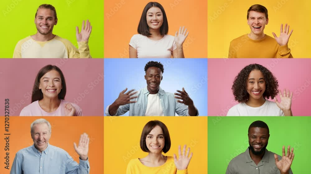 A vibrant collection of individuals from diverse backgrounds waving and smiling joyfully. The multiracial group showcases positive emotions against bright, cheerful backgrounds. A vibrant collection of individuals from diverse backgrounds waving and smiling joyfully. The multiracial group showcases positive emotions against bright, cheerful backgrounds.