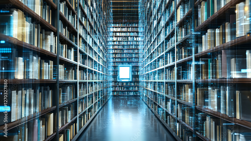 Exploring digital archives a virtual library experience modern setting digital images high-tech environment wide perspective Exploring digital archives a virtual library experience modern setting digital images high-tech environment wide perspective