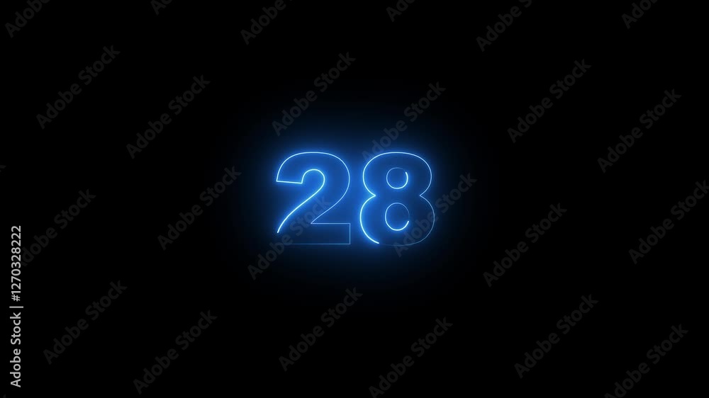 Glowing neon number 28, various color looping trendy glowing neon numeric,  Educational mathematics 28 animation.