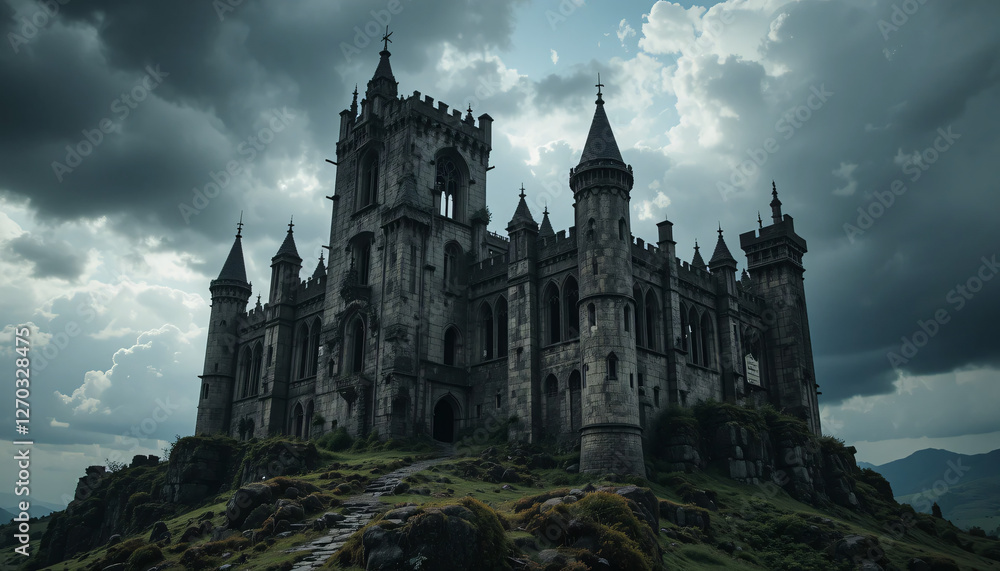 Fototapeta premium Ruined Castle On Hilltop Under Dramatic Sky