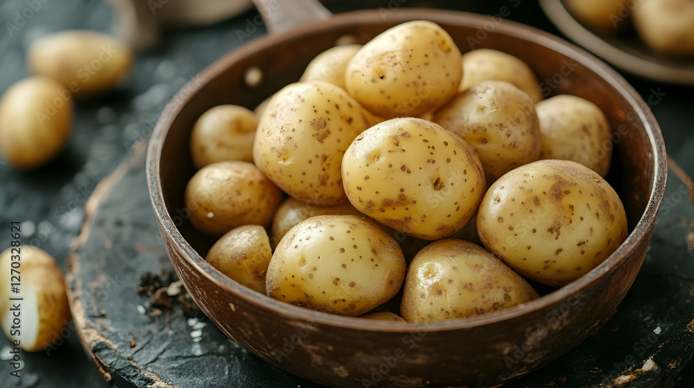Fresh Raw Potatoes in a Rustic Wooden Bowl on Dark Background Fresh Raw Potatoes in a Rustic Wooden Bowl on Dark Background