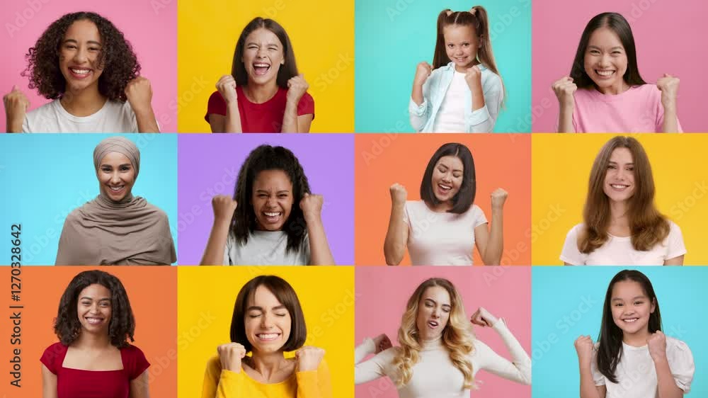 A collection of cheerful women expressing happiness and excitement through gestures of victory. Each person displays a distinct emotion, set against vibrant, isolated backgrounds. A collection of cheerful women expressing happiness and excitement through gestures of victory. Each person displays a distinct emotion, set against vibrant, isolated backgrounds.