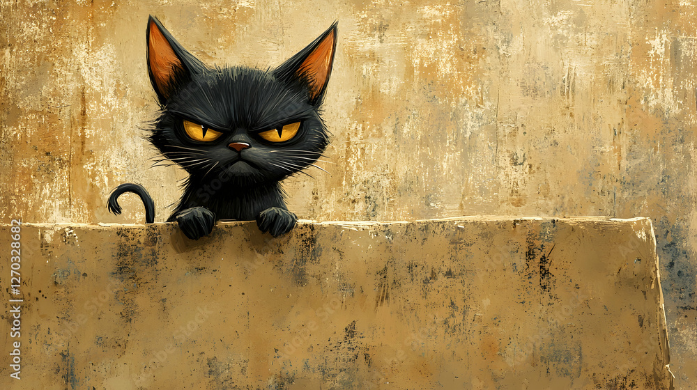 Obraz premium Black Cat with Challenging Expression Peeking Over a Wall