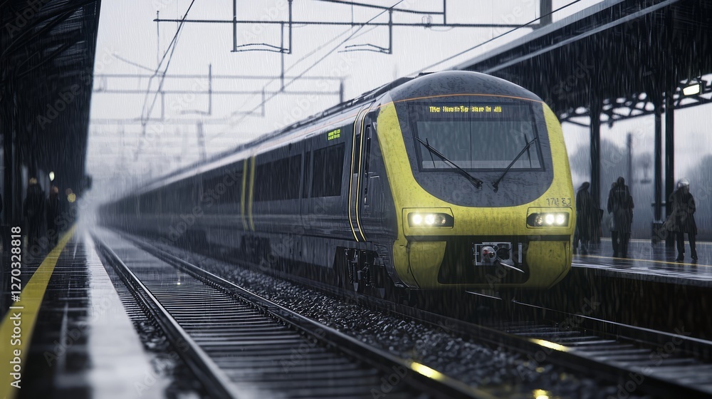Fototapeta premium Commuter Train Station on an Overcast Rainy Day with Passengers
