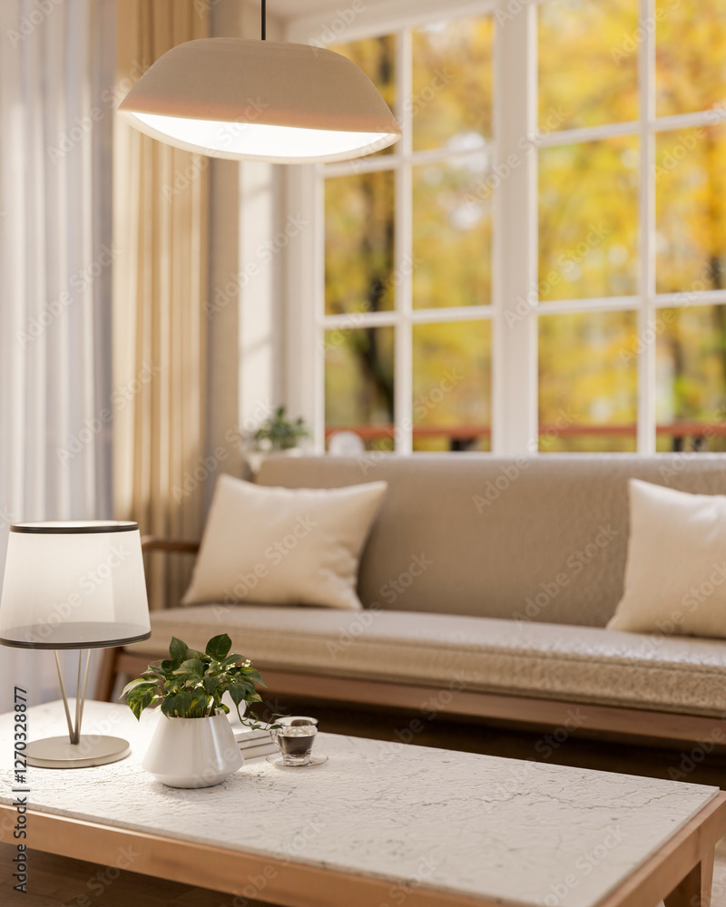 Fototapeta premium A minimalist coffee table, set in a contemporary living room with an autumn view through the window.