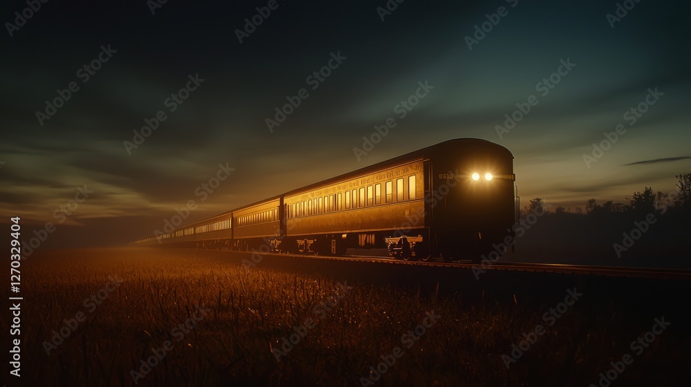 Serene Evening Train Ride Through Tranquil Countryside Landscape Serene Evening Train Ride Through Tranquil Countryside Landscape