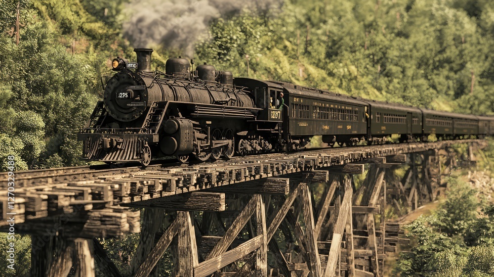 Obraz premium Vintage Passenger Train Approaching Scenic Crossing on Bridge
