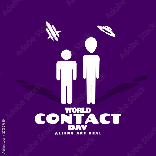 World Contact Day is celebrated on March 15th. Illustration of man with alien creature standing with spaceship and UFO on dark purple background.