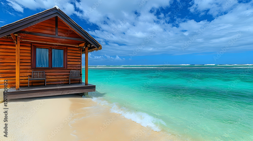 Tranquil Beachfront Cabin with Clear Turquoise Waters and Sky Tranquil Beachfront Cabin with Clear Turquoise Waters and Sky
