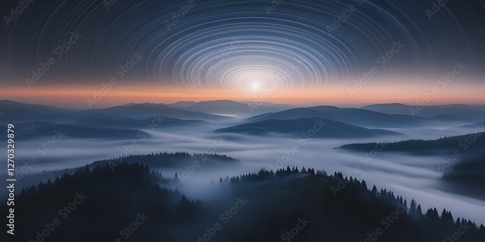 Fototapeta premium Celestial Serenity: Witness the dawn's embrace over a misty mountain landscape, with star trails weaving a celestial tapestry across the sky, creating a scene of serene wonder.