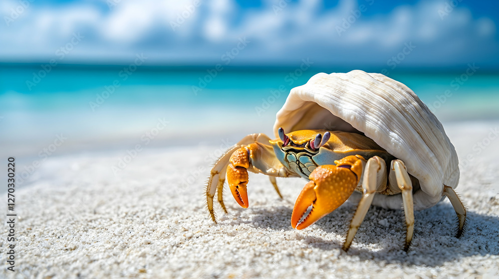 Colorful Crab Hiding in Shell on Tropical Beach with Clear Water Colorful Crab Hiding in Shell on Tropical Beach with Clear Water