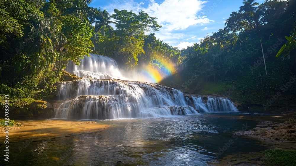 Fototapeta premium Serene Waterfall Rainbow Landscape