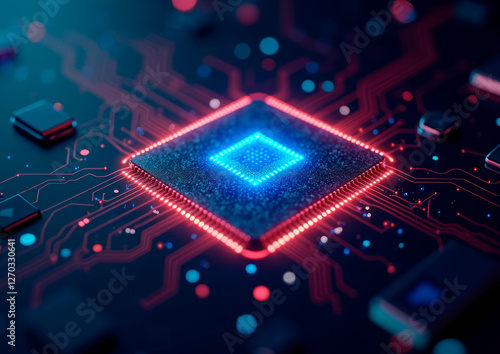Concept high-resolution image of an AI chip, selective focus