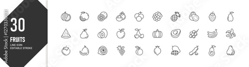 30 fruit line icons with editable stroke for design projects, digital graphics, and UI applications