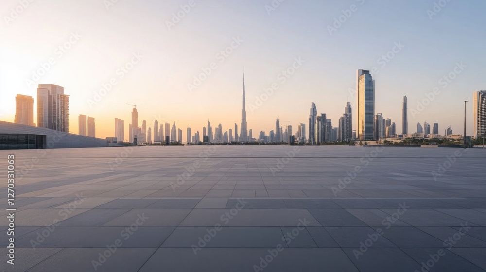 A vast automotive plaza with a futuristic skyline under golden-hour tones. Featuring depth and balance A vast automotive plaza with a futuristic skyline under golden-hour tones. Featuring depth and balance