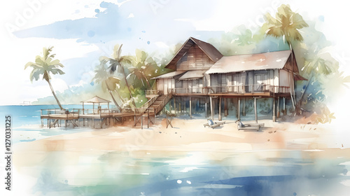 beach resort for a tropical watercolor painting
