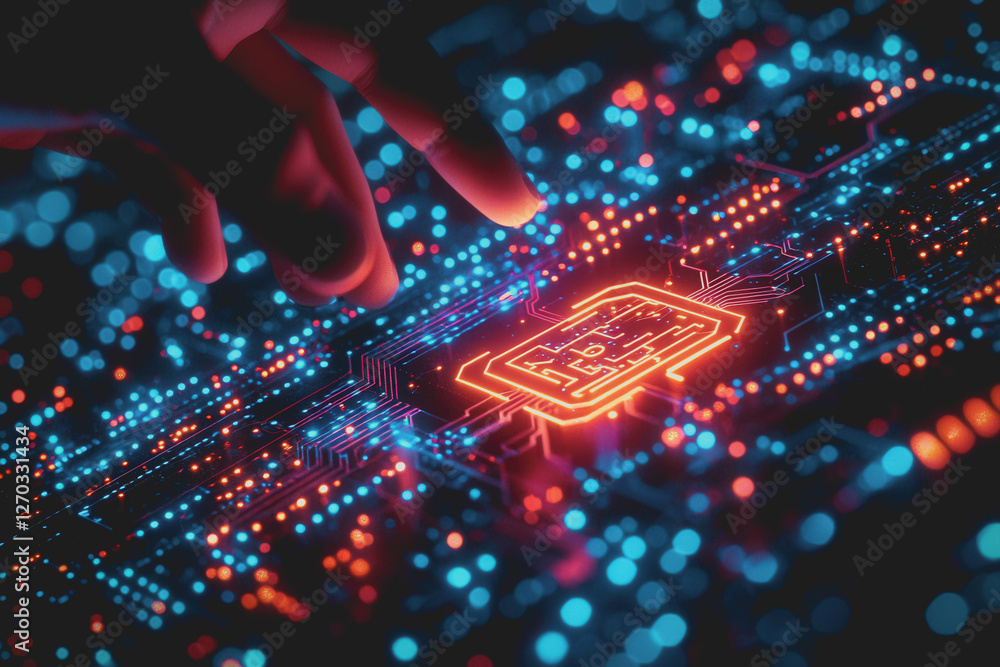 Person touching a circuit board with a finger in a technology and electronics setting Person touching a circuit board with a finger in a technology and electronics setting