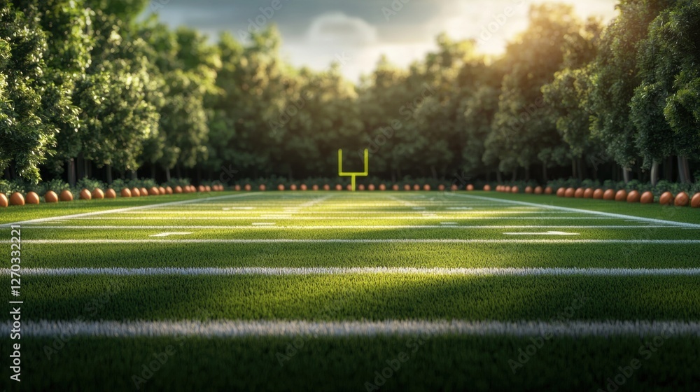 Serene football field surrounded by lush trees at sunset Serene football field surrounded by lush trees at sunset