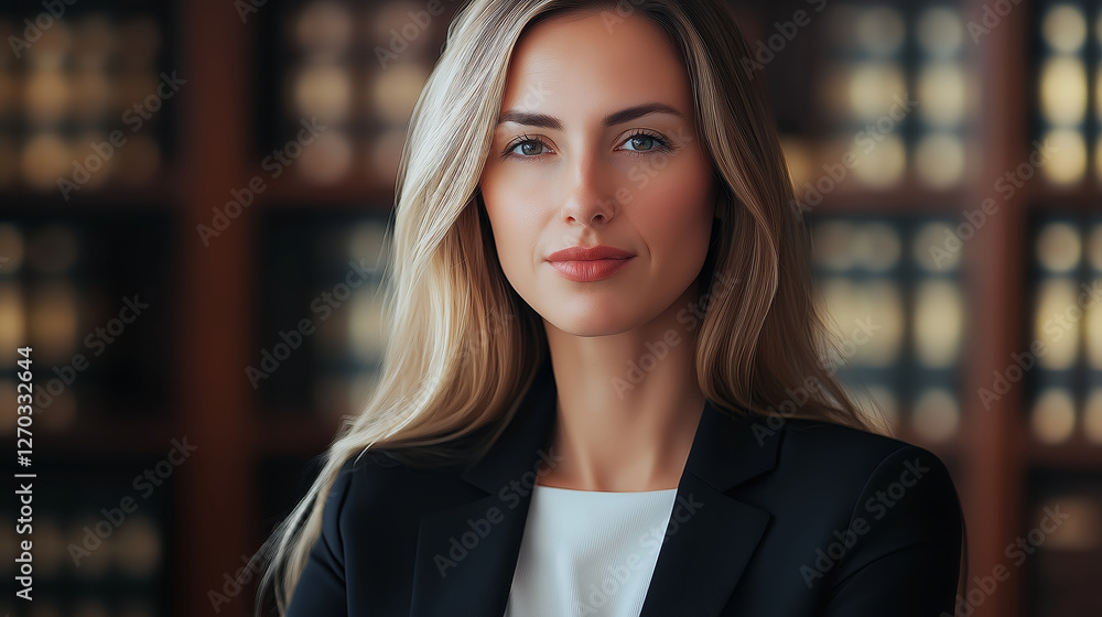 Confident female lawyer posing in her office library Confident female lawyer posing in her office library