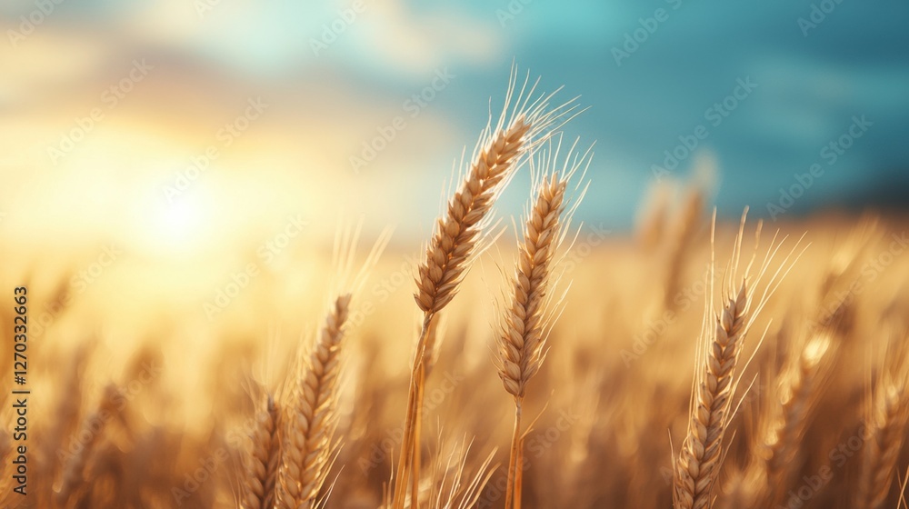 Obraz premium Golden wheat field at sunset with soft focus