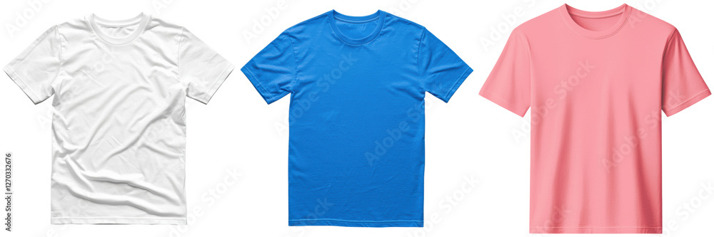 Three Plain T-Shirts in White, Blue, and Pink Colors Arrangement Three Plain T-Shirts in White, Blue, and Pink Colors Arrangement