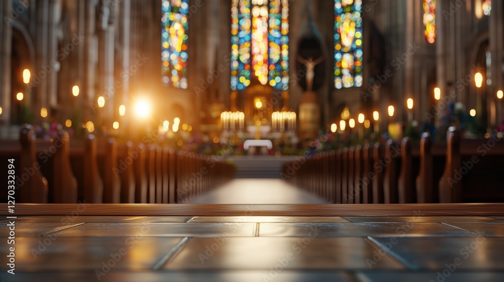 Traditional Easter Church Service with Beautifully Decorated Altar in a Stunning Stained Glass Cathedral Setting Traditional Easter Church Service with Beautifully Decorated Altar in a Stunning Stained Glass Cathedral Setting