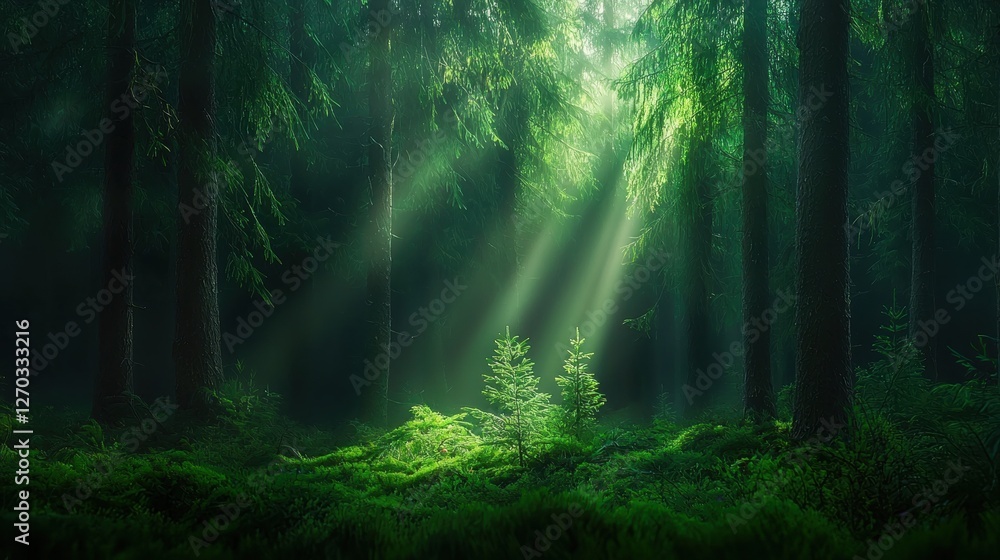 Obraz premium Serene forest with sunlight filtering through trees
