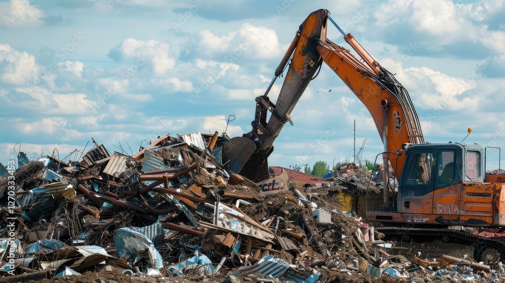 Excavator Clearing Scrap Metal Pile on a Construction Site Excavator Clearing Scrap Metal Pile on a Construction Site