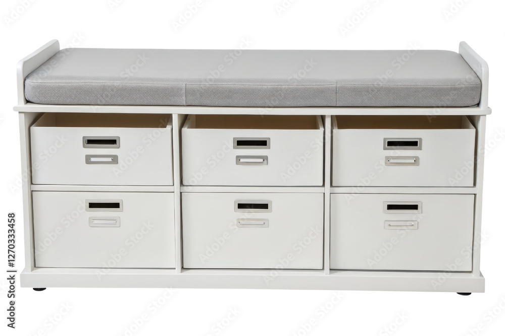 White storage bench with drawers isolated with transparent background White storage bench with drawers isolated with transparent background